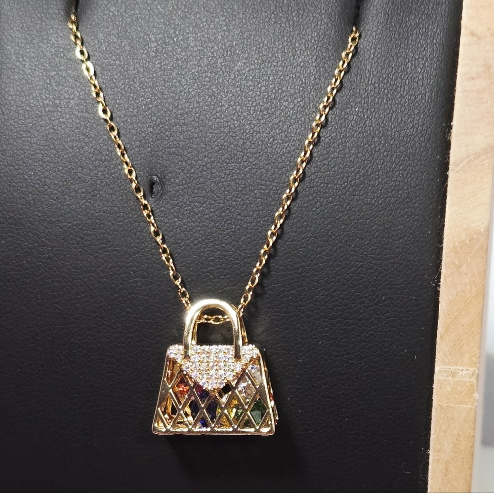 Gold Handbag Necklace Rhinestone Purse Pendant Cute Bling Fashion Jewelry Gift - Picture 5 of 10